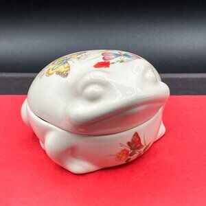 Takahashi Hand Decorated Ceramic Frog Trinket Box, Butterflies, Flowers, Japan